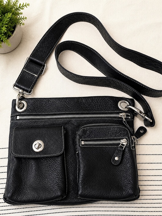 Roots Handbags - Roots Black Pebbled Leather Crossbody Bag Multi Pocket Adjustable Strap